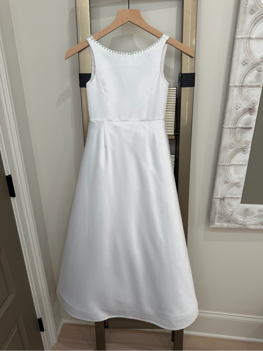 Pearl-Trim White Sleeveless Flower Girl Dress